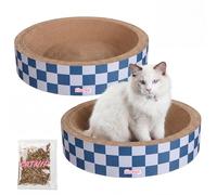 THE LICKER Store Daisy 18.13" Modern Cardboard Bowl Cat Scratcher with Catnip, Navy/Blue Checker Finish Corrugated Cat Scratching Pad, Furniture Protector, Set of 2 CSR1001G-SET2