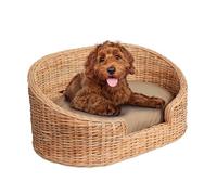 The LICKER Store DBD1001B Curvy 33" x 21.25" Classic Handwoven Rattan Pet Bed with Machine-Washable Cushion, Light Brown