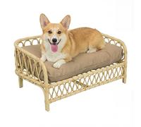 THE LICKER Store DBD1005B Elevated Pet Daybed 27.5" x 17", Handwoven Rattan Dog & Cat Bed with Machine Washable Cushion, Wicker Rattan Sofa for Small to Medium Pets, Bohemian Style, Light Brown