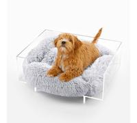 THE LICKER STORE DBD2000A Carole 24" x 18" Small/Medium Modern Lucite Calming Fluffy Pet Bed with Washable Cushion, Light Gray/Clear