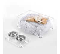 THE LICKER STORE DBD2001A-2SET Billie 24" x 15.75" Small Modern Calming Fluffy Pet Bed with Washable Cushion and 4" Elevated Pet Feeder with 27 oz 2-Stainless Steel Bowls, Light Gray/Clear (Set of 2)