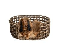 THE LICKER STORE DBD4000B Gigi 24" x 18" Modern Bohemian Handwoven Hyacinth Open-Weave Oval Pet Bed with Machine-Washable Cushion, Brown