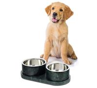 The LICKER Store DBL1000A Marbre Small/Medium Modern Weighted Double Marble and Stainless Steel Bowl 12oz (1.5 Cups) Feeder with Non-Slip Marble Tray Set, Green