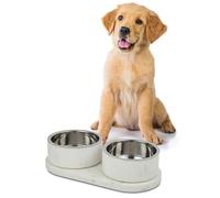 The LICKER Store DBL1000B Marbre Small/Medium Modern Weighted Double Marble and Stainless Steel Bowl 12oz (1.5 Cups) Feeder with Non-Slip Marble Tray Set, White