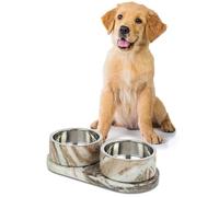 The LICKER Store DBL1000C Marbre Small/Medium Modern Weighted Double Marble and Stainless Steel Bowl 12oz (1.5 Cups) Feeder with Non-Slip Marble Tray Set, Beige/Gray