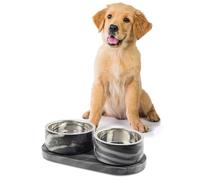 The LICKER Store DBL1000D Marbre Small/Medium Modern Weighted Double Marble and Stainless Steel Bowl 12oz (1.5 Cups) Feeder with Non-Slip Marble Tray Set, Black/White