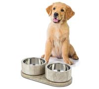 The LICKER Store DBL1000E Marbre Small/Medium Modern Weighted Double Marble and Stainless Steel Bowl 12oz (1.5 Cups) Feeder with Non-Slip Marble Tray Set, Gray/Brown