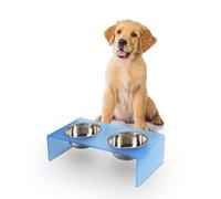 THE LICKER STORE DBL2000C Keaton 5" Small/Medium Modern Acrylic Rectangular Elevated Pet Feeder with 20oz 2-Stainless Steel Bowls, Blue/Chrome