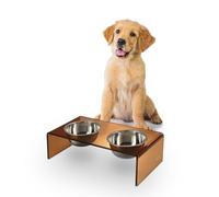 THE LICKER STORE DBL2000D Keaton 5" Small/Medium Modern Acrylic Rectangular Elevated Pet Feeder with 20oz 2-Stainless Steel Bowls, Amber/Chrome