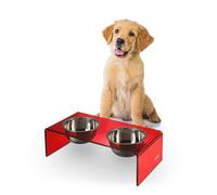 THE LICKER STORE DBL2000H Keaton 5" Small/Medium Modern Acrylic Rectangular Elevated Pet Feeder with 20oz 2-Stainless Steel Bowls, Red/Chrome