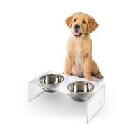 THE LICKER STORE DBL2000K Keaton 5" Small/Medium Modern Acrylic Rectangular Elevated Pet Feeder with 20oz 2-Stainless Steel Bowls, Moon White/Chrome