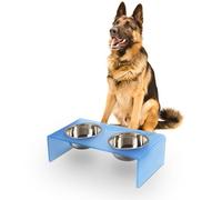 THE LICKER STORE DBL2001C Keaton 7.5" Medium/Large Modern Acrylic Rectangular Elevated Pet Feeder with 54oz 2-Stainless Steel Bowls, Blue/Chrome