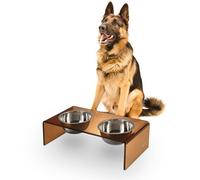 THE LICKER STORE DBL2001D Keaton 7.5" Medium/Large Modern Acrylic Rectangular Elevated Pet Feeder with 54oz 2-Stainless Steel Bowls, Amber/Chrome