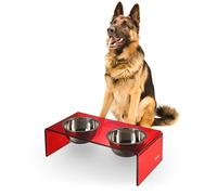 THE LICKER STORE DBL2001H Keaton 7.5" Medium/Large Modern Acrylic Rectangular Elevated Pet Feeder with 54oz 2-Stainless Steel Bowls, Red/Chrome