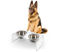 THE LICKER STORE DBL2001K Keaton 7.5" Medium/Large Modern Acrylic Rectangular Elevated Pet Feeder with 54oz 2-Stainless Steel Bowls, Moon White/Chrome
