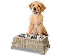 The LICKER Store DBL4000F Serenity 6.9" Small/Medium Elevated Wicker Pet Feeder with 18oz (2.2 Cups) 2-Stainless Steel Bowls, Almond