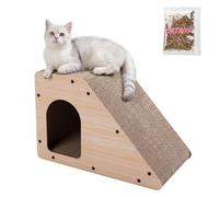 THE LICKER Store Kento 23.63" Modern Cardboard Cat Cave Scratcher with Catnip, Angled Trapezoid Hideaway House and Scratching Lounge for Indoor Cats, Oak Wood Finish CSR1008I