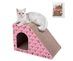 THE LICKER Store Kento 23.63" Modern Cardboard Cat Cave Scratcher with Catnip, Angled Trapezoid Hideaway House and Scratching Lounge for Indoor Cats, Heart Pattern CSR1008C