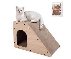 THE LICKER Store Kento 23.63" Modern Cardboard Cat Cave Scratcher with Catnip, Angled Trapezoid Hideaway House and Scratching Lounge for Indoor Cats, Oak Wood Finish CSR1008I