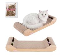 THE LICKER Store Rini 23.75" Modern Cardboard Cat Scratcher Lounge Bed with Built-in Bell Toys and Catnip, Ergonomic Curved Sofa Design, Oak Wood Finish CSR1003C