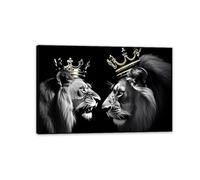 The Lion King and Queen with Crown Wall Art African Wild Animals Pictures lion golden crown Posters Prints Black and White Artwork for Living Room Bedroom Wall Decor 90x60cm(36x24in)Black Framed