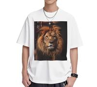 The Lion's Gaze Print Men's Cotton T-Shirt - Soft Breathable Tees Casual Tops Short Sleeve, for Men & Women, White, Medium