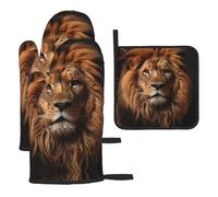 The Lion's Gaze Prints Oven Gloves And Heat-Resistant Mat Set, Waterproof And Heat-Resistant, For Kitchen Use, Oven Baking.