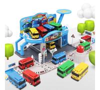 The Little Bus Tayo Rogi Rani Push-Button Parking Lot Rail Garage Toy Mini Set with Four Colour Buses for Kids 4-6