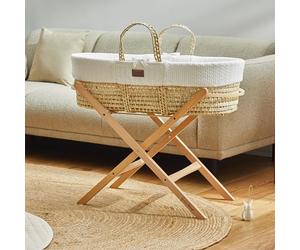 The Little Green Sheep Moses Basket with Stand - Organic Knitted Bassinet Made with Natural Palm Leaf, Mattress and Natural Foldable Stand, Free From any Nasties, Durable and Lightweight, White