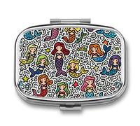 The Little Mermaids Doodle Pill Box 2 Compartments Portable Travel Pill Case Mini Medicine Organizer for Pocket Purse Metal Waterproof Medicine Container Holder Vitamin Fish Oil