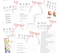 The Little Party Company Baby Shower Games Bundle, Pink Bow Theme, 6 Double-Sided A5 Cards for 10 Players, Includes Prediction, Word Scramble, Emoji Game, Who Knows Mummy Best