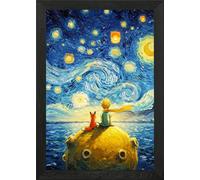 The Little Prince and the Fox Starry Night Framed Wall Art Poster Print Picture (Black, A2)