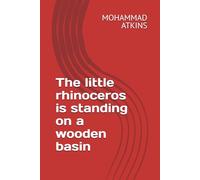 The little rhinoceros is standing on a wooden basin