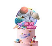 The little stuff Handmade Space Rocket Cake Topper, Moon Mars Astronaut Theme, 3D Effect, Birthday Decoration for Boys and Girls, Pink and Purple