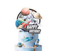 The little stuff Handmade Space Rocket Cake Topper, Moon Mars Astronaut Theme, 3D Effect, Birthday Decoration for Boys and Girls, Black and Blue
