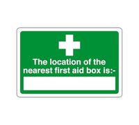 The location of the nearest first aid box is - safety sign - High tack self-adhesive sticker (200mm x 150mm) Viewing Distance within 5m.