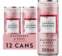 The London Essence, Raspberry & Rose Crafted Soda, Premium Soft Drink, 250ml, Pack of 12 cans, No Artificial Colours Preservatives or flavours, Low Calorie
