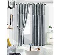 The London Linens Co.® Crushed Velvet Band Curtains Fully Lined Eyelet Ring Top Faux Silk (Silver/Silver, 90" wide x 108" drop (228 x 274cm))
