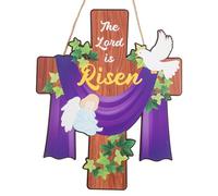 The Lord is Risen Easter Decoration, Wood Easter Cross Door Sign Religious Hanging Wooden Wreath Jesus Angel Ornaments Christian Decor for Front Door Wall Porch Farmhouse Party Supplies