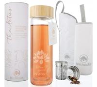 The Lotus Glass Tea Tumbler Bottle with Infuser + Strainer for Loose Leaf & Ice Tea, Cold Brew Coffee or Fruit Water. Bamboo Lid 450ml. Travel Bottle