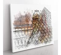 The Louvre In Paris Vol.2 Sketch Modern Canvas Wall Art Print Ready to Hang, Framed Picture for Living Room Bedroom Home Office Décor, 35x35 cm (14x14 Inch)