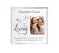 The Lovely Keepsake Company Personalised In Loving Memory Dove Photo Crystal Token - Custom Message | Sympathy Gift, Remembrance | 9x9x2cm