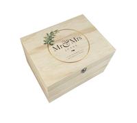 The Lovely Keepsake Company Personalised Rustic Pine Wooden Wreath Wedding Keepsake Memory Box | Medium Size | Custom Wedding Gift | Gold Wreath & Leaf Design | W20 x D15 x H11cm