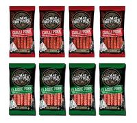The Mad Butcher Salami Sticks 70g | Pack of 8 | Spicy Pork Classic & Chilli, Variety Pack | High Protein Meat Snack | Mini Salami Snacks | Gluten Free Snack Sticks Keto Diet
