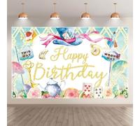 The Mad Hatter birthday party background cloth -72x43 inch fairyland mint green tea rose teapot banner 350x230cm