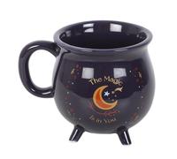 The Magic Is in You Cauldron Mug, Midnight-Blue Ceramic Mug with Golden Stars & Crescent Moon, Magical Design for Tea & Coffee Lovers, Microwave Safe, Ideal for Mystical Enthusiasts