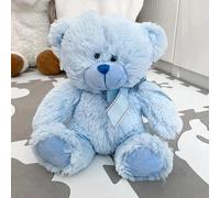 The Magic Toy Shop 11" Blue Teddy Bear with Ribbon - Super Soft Cuddly Stuffed Animal Toy - Suitable from Birth, Nursery Decor Gift for Newborn Baby Girls & Boys, Valentine's Day, Christening