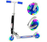 The Magic Toy Shop 2 Wheel Kids Scooter - Blue Foldable Kick Board with Flashing Light Up LED Wheels - Adjustable Handlebar Height, Easy Folding & Rear Brake, Ride On for Boys & Girls Ages 5+