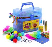 The Magic Toy Shop 200 Pc Kids Craft Box With Carry Case Pom Poms Feathers Arts Supplies Set Blue