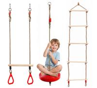 The Magic Toy Shop 3-in-1 Button Swing Set, Rope Ladder & Wood Trapeze Bar for Kids Play Equipment